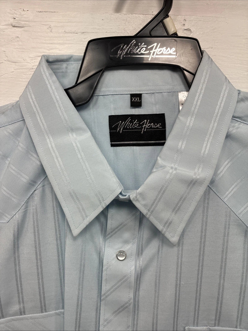New Men’s White Horse Baby Blue Stripe Long Sleeve Pearl Snap 2XL H-49
