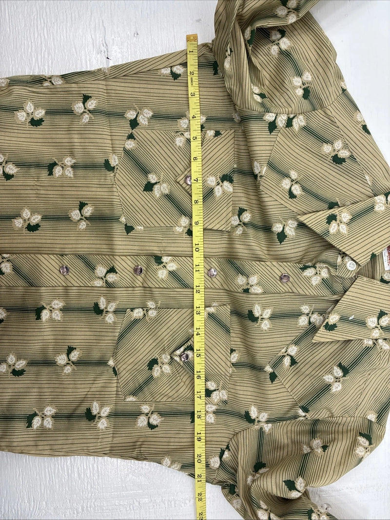 New Men’s ELY Plains Tan Green Floral Long Sleeve Pearl Snap 14.5 Small X-111