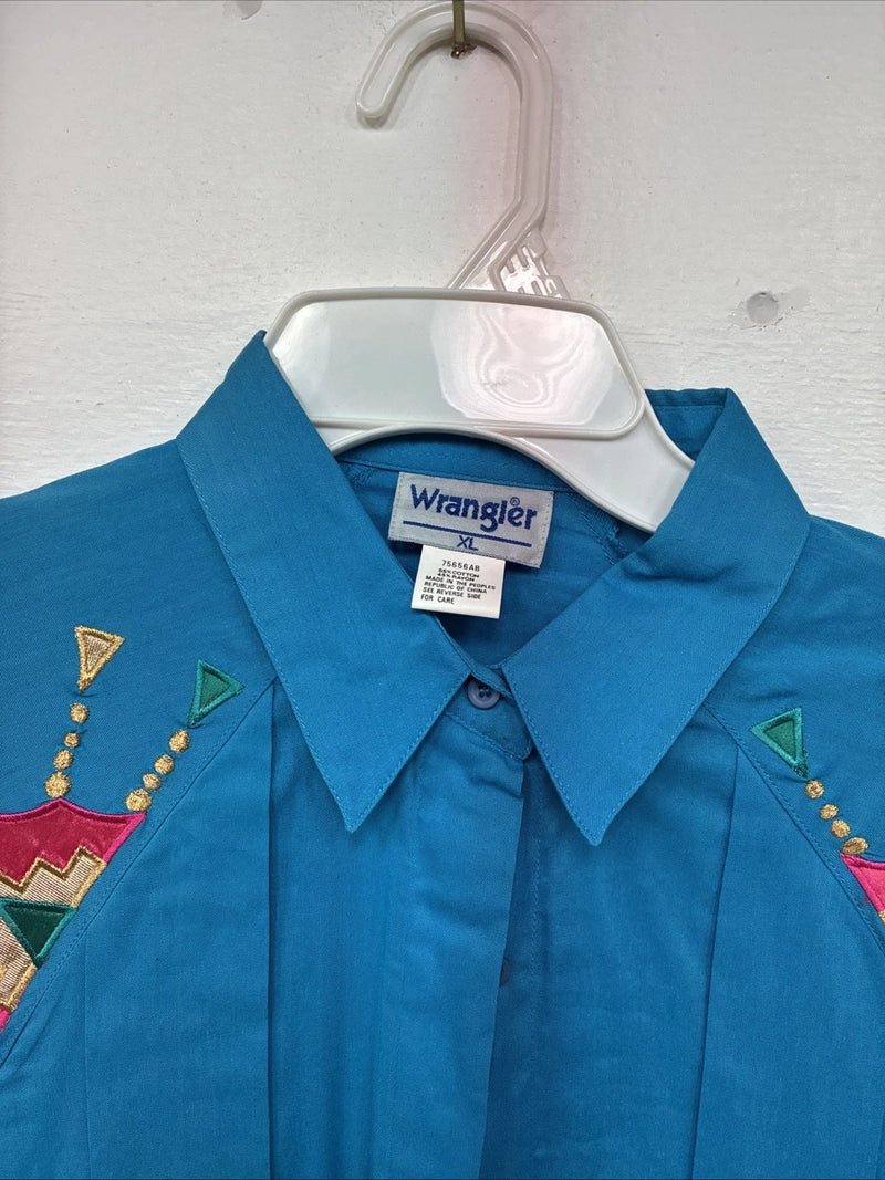 New Women’s Wrangler Blue Designed Long Sleeve Pearl Snap XL II-19