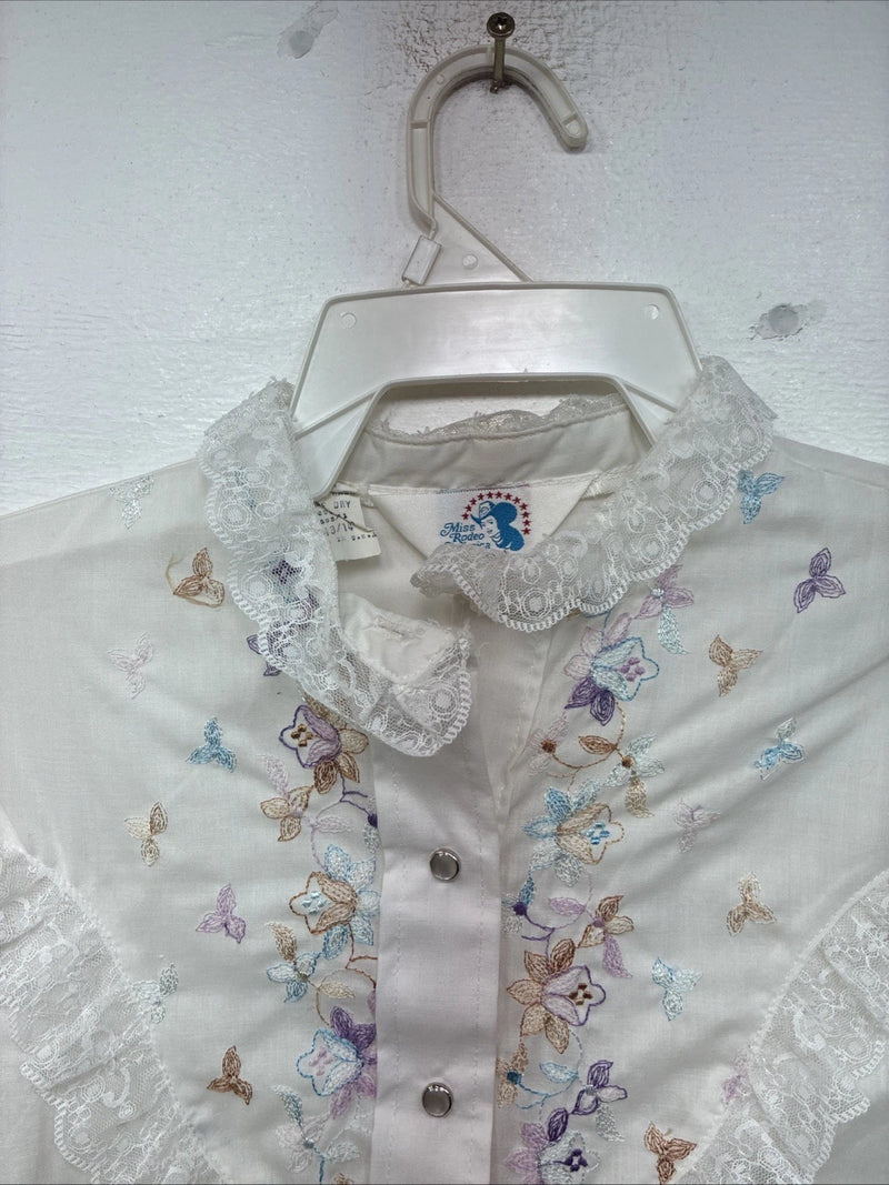 New Women’s American Rodeo White Embroidered Long Sleeve Pearl Snap 14 YY-133