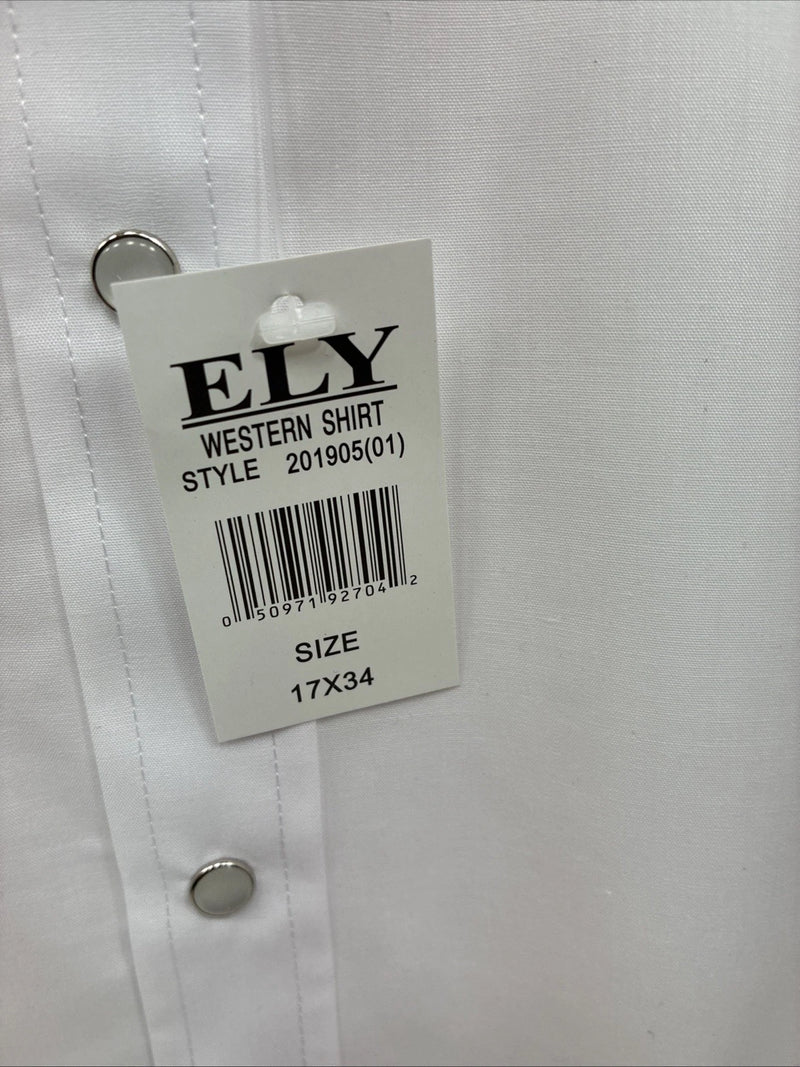New Men’s ELY Cattleman White Simple Long Sleeve Pearl Snap 17 XL O-65