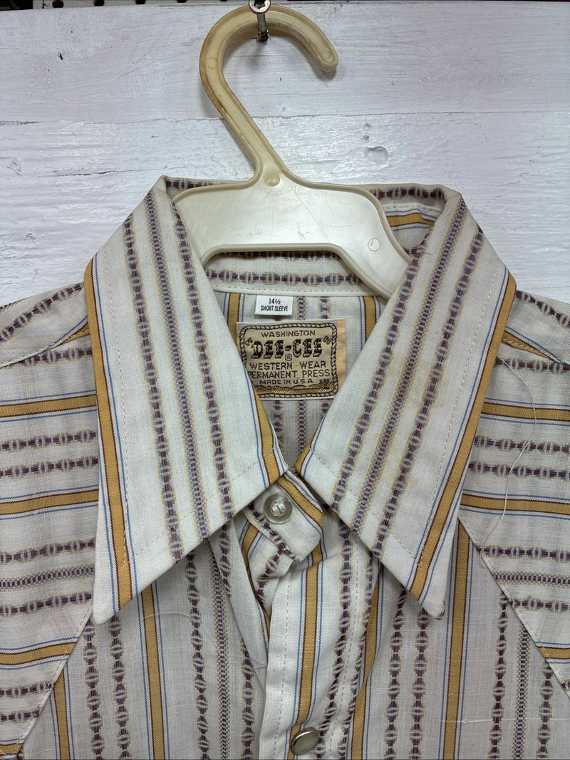 New Men’s Dee-Cee Tan Yellow Stripe Design Short Sleeve Pearl Snap Small O-80