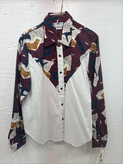 New Youth’s Cowboy Threads White Purple Design Long Sleeve Button Up Large V-74