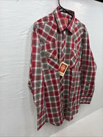 New Men’s ELY Plains Red Brown Plaid Long Sleeve Pearl Snap 16.5 Large M-66