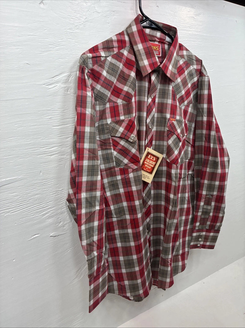 New Men’s ELY Plains Red Brown Plaid Long Sleeve Pearl Snap 16.5 Large M-66