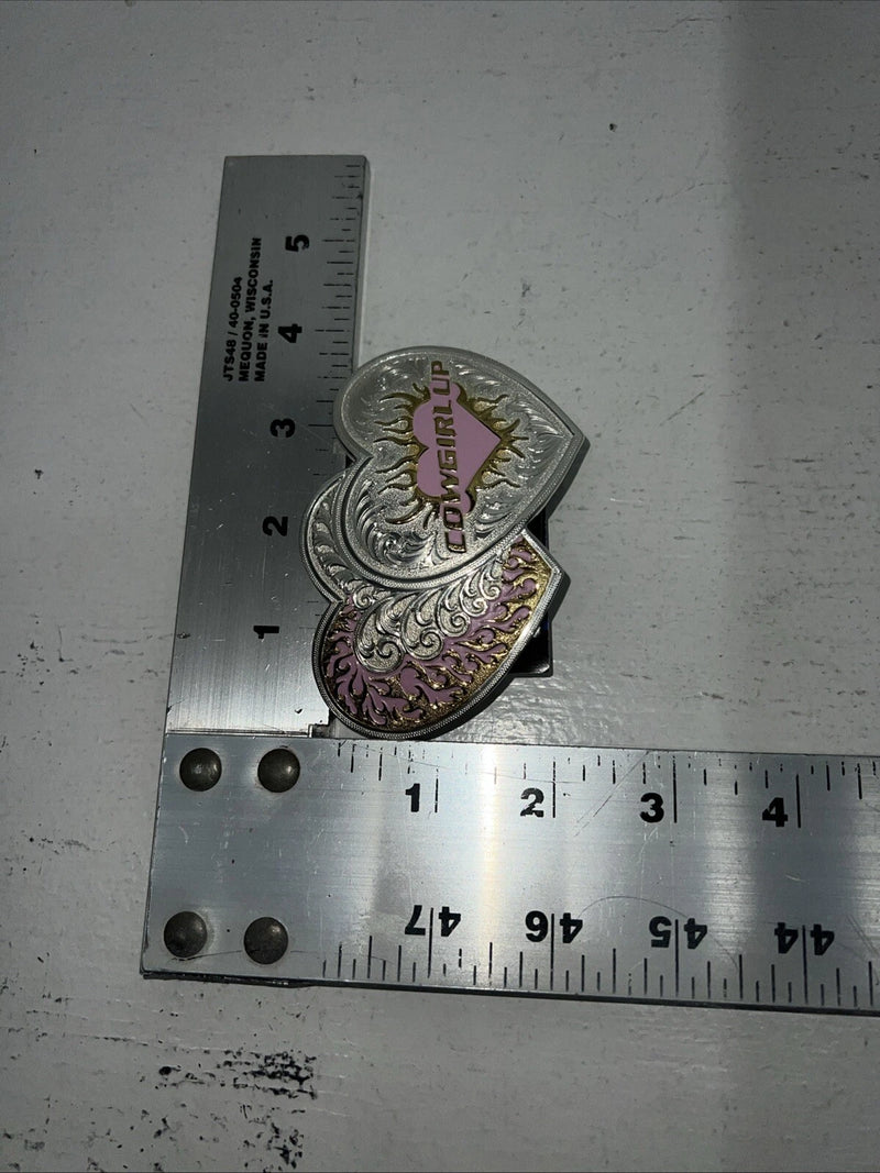 New Women’s Montana Silversmiths Silver Pink Heart Belt Buckle. 14820PT A-91