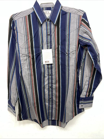 New Mens Navy Stripped ELY cattleman Pearl Snap Long Sleeve Shirt 15.5x34 M I-29