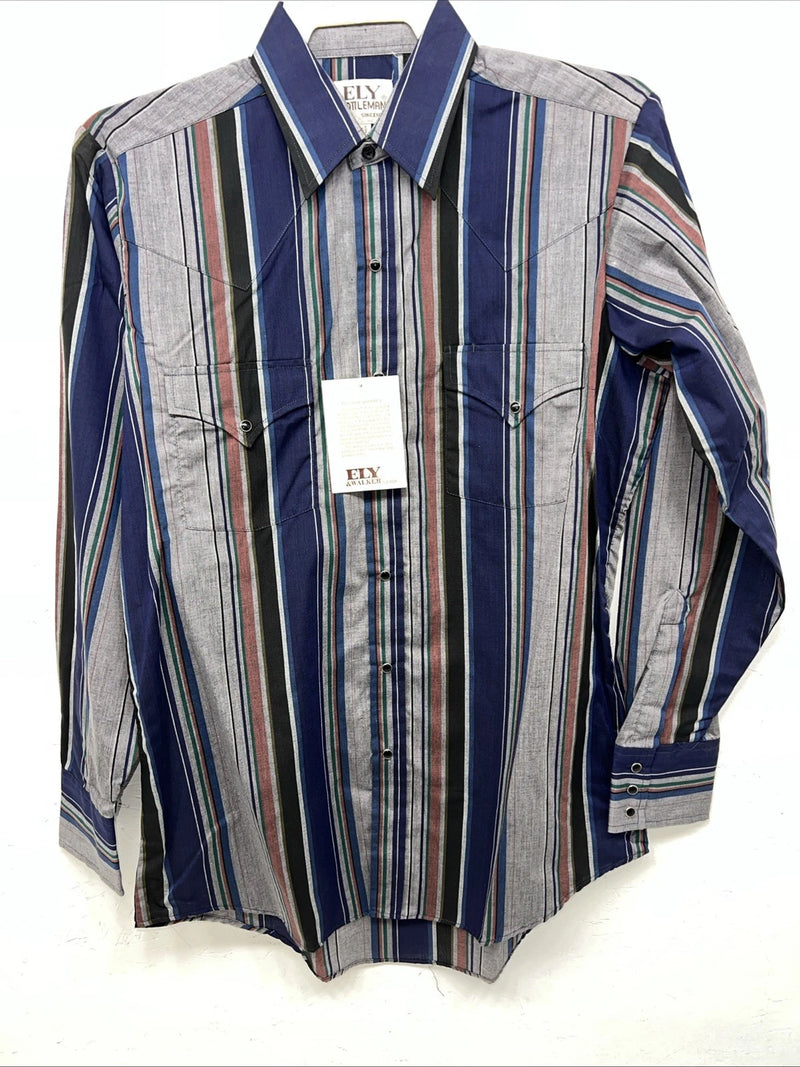 New Mens Navy Stripped ELY cattleman Pearl Snap Long Sleeve Shirt 15.5x34 M I-29
