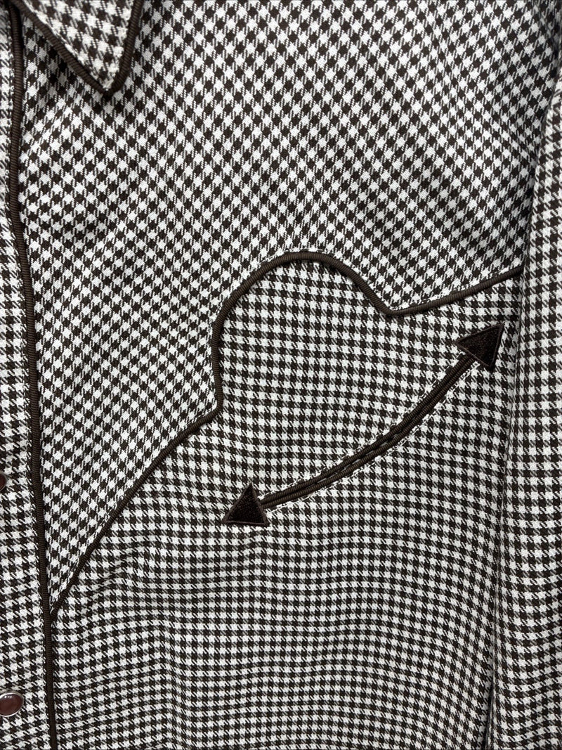 New Men’s White Horse Brown White Checkered Long Sleeve Pearl Snap 2XL H-50