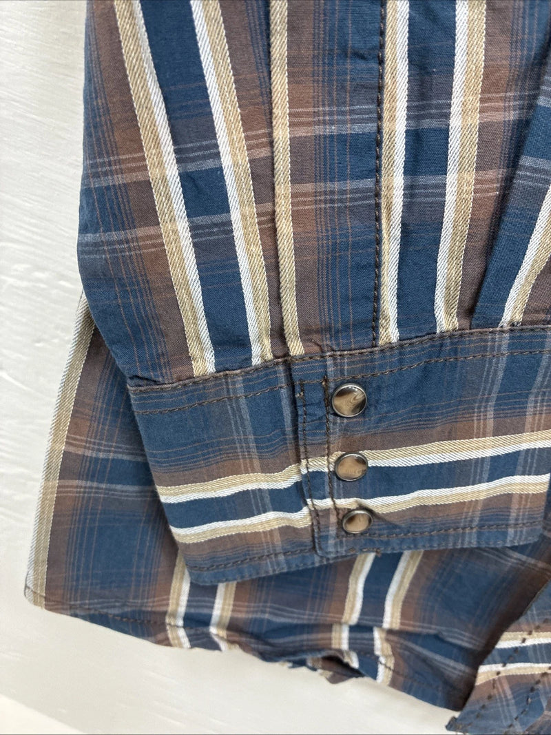 New Men’s ELY 1878 Blue Brown Plaid Long Sleeve Pearl Snap Large Q-32