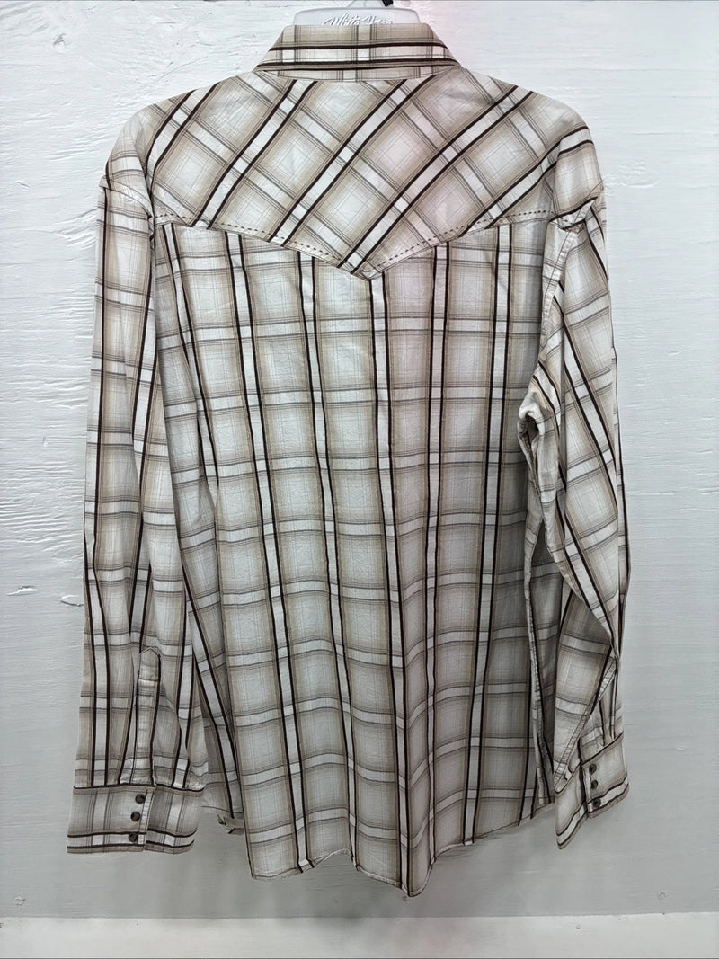 New Men’s ELY 1878 Brown White Plaid Long Sleeve Pearl Snap 2XL R-27