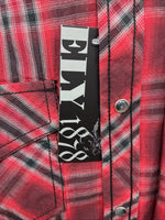 New Men’s ELY 1878 Red Black Plaid Long Sleeve Pearl Snap Large Q-51