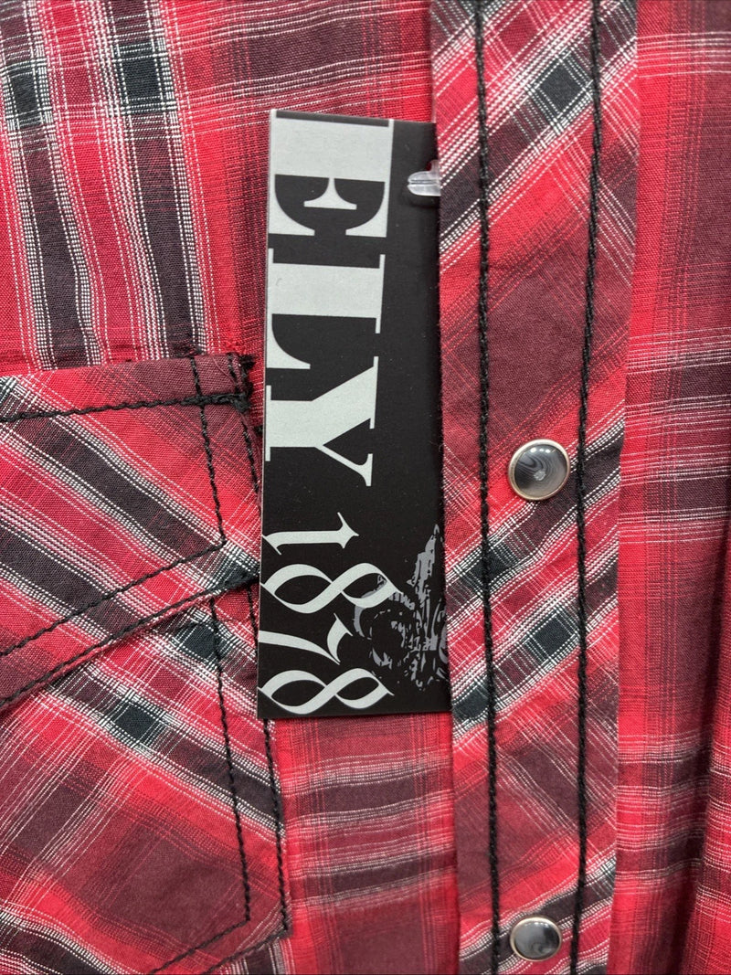 New Men’s ELY 1878 Red Black Plaid Long Sleeve Pearl Snap Large Q-51