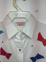 New Women’s H Bar C White Deigned Long Sleeve Pearl Snap Size 10 KK-32