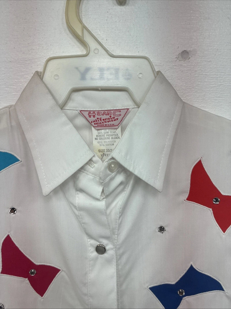 New Women’s H Bar C White Deigned Long Sleeve Pearl Snap Size 10 KK-32