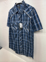 New Men’s ELY 1878 Blue Gray Plaid Short Sleeve Pearl Snap Large X-45