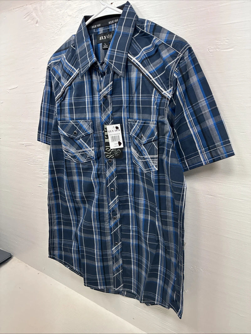 New Men’s ELY 1878 Blue Gray Plaid Short Sleeve Pearl Snap Large X-45