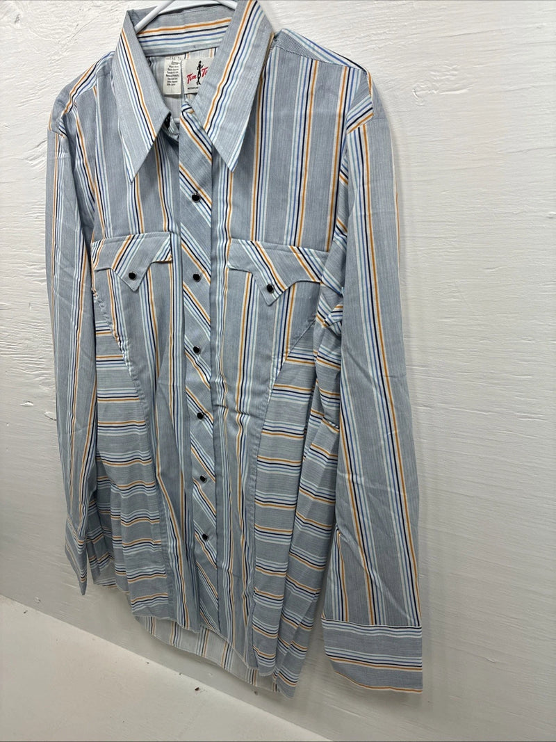 New Men’s Tem Tex Blue Yellow Stripe Long Sleeve Pearl Snap 16.5 Large V-23