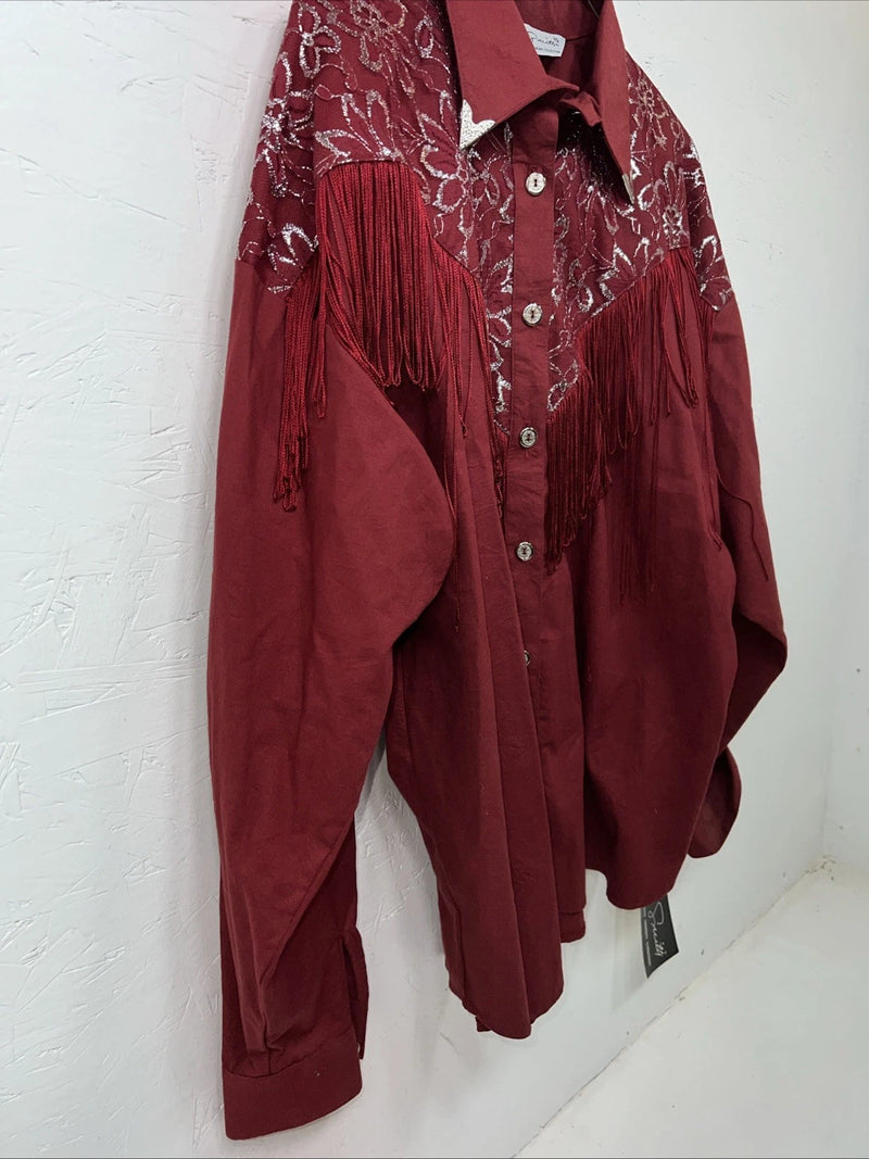 New Women’s Lila Smitty Burgundy Western Show Shirt With Fringe XL #332 UU-14