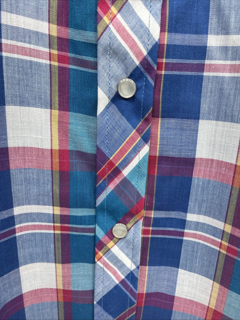 New Men’s ELY Cattleman Purple Plaid Short Sleeve Pearl Snap Medium CC-15