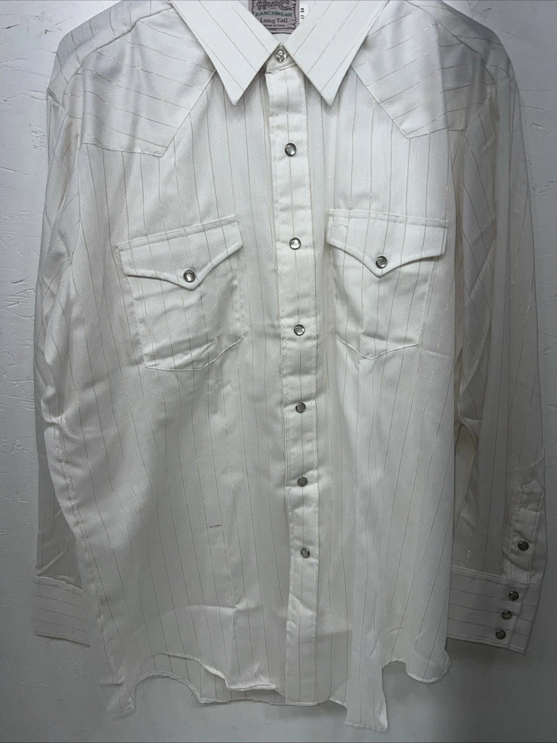 New Men’s HbarC Ranchwear White Gold Long Sleeve Pearl Snap Shirt 17x34 XL P-80