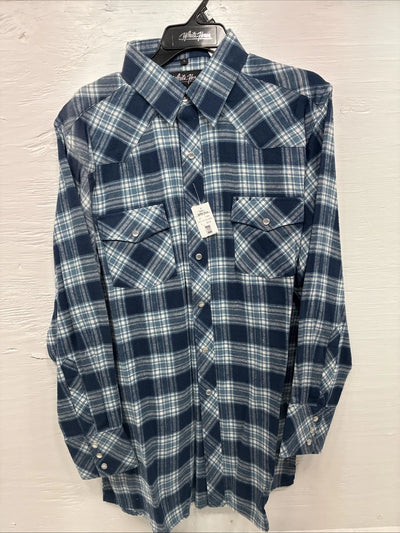 New Men’s White Horse Blue Plaid Long Sleeve Pearl Snap Large V-51
