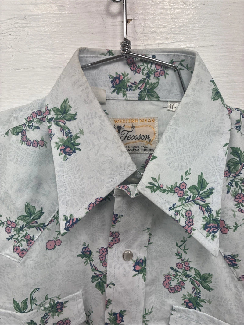 New Men’s Texson Blue Floral Long Sleeve Pearl Snap 14 X 32 Small V-65