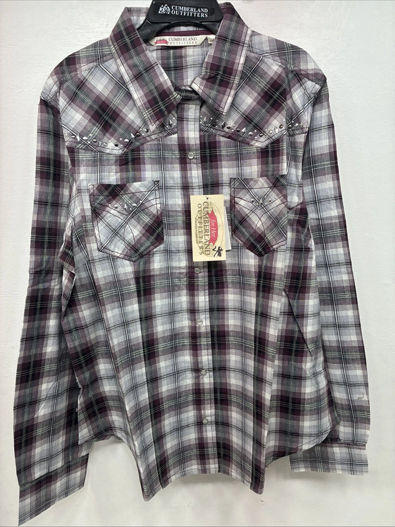 New Women’s Cumberland Purple Plaid Long Sleeve Pearl Snap 1XL KK-79