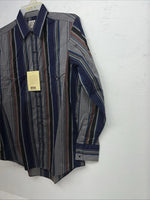New Mens Navy Stripped ELY cattleman Pearl Snap Long Sleeve Shirt 15.5x34 M I-29