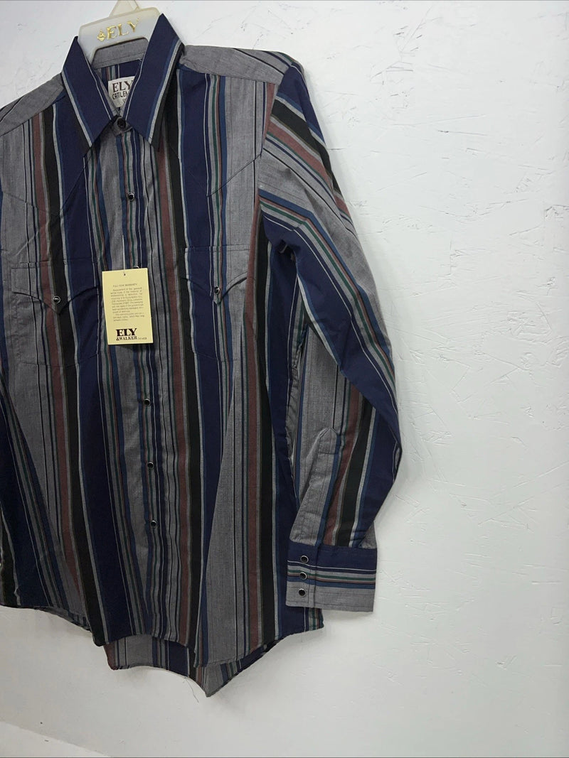 New Mens Navy Stripped ELY cattleman Pearl Snap Long Sleeve Shirt 15.5x34 M I-29