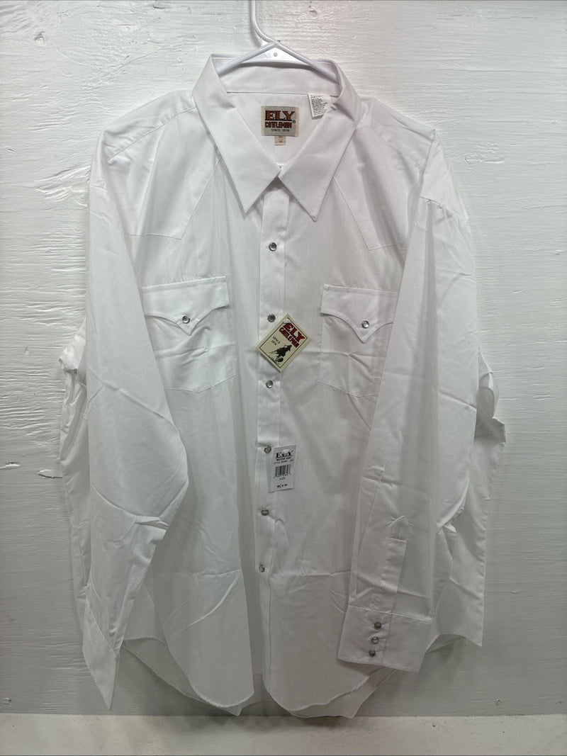 New Men’s ELY Cattleman White Long Sleeve Pearl Snap 18.5 X 36 2XL X-75