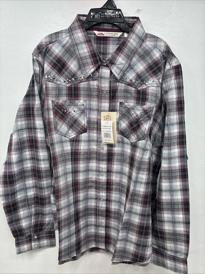 New Women’s Cumberland Purple Plaid Long Sleeve Pearl Snap 2XL KK-78