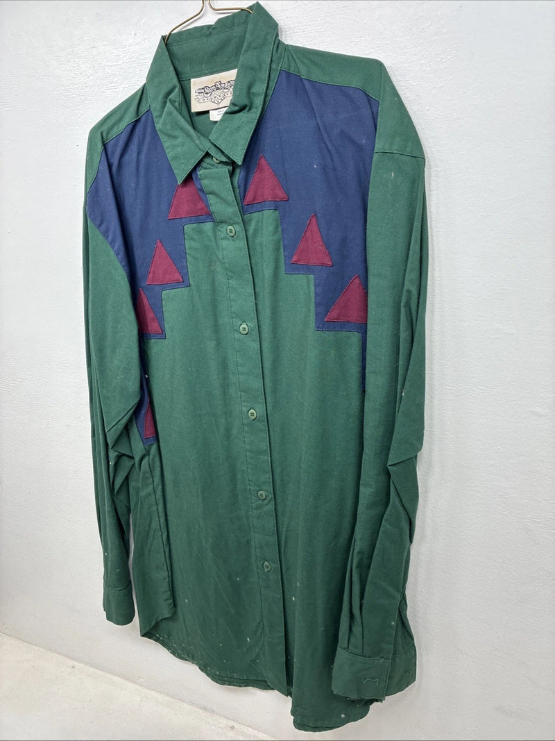 New Women’s San Angelo Green Design Long Sleeve Button Up Size Large TT-72