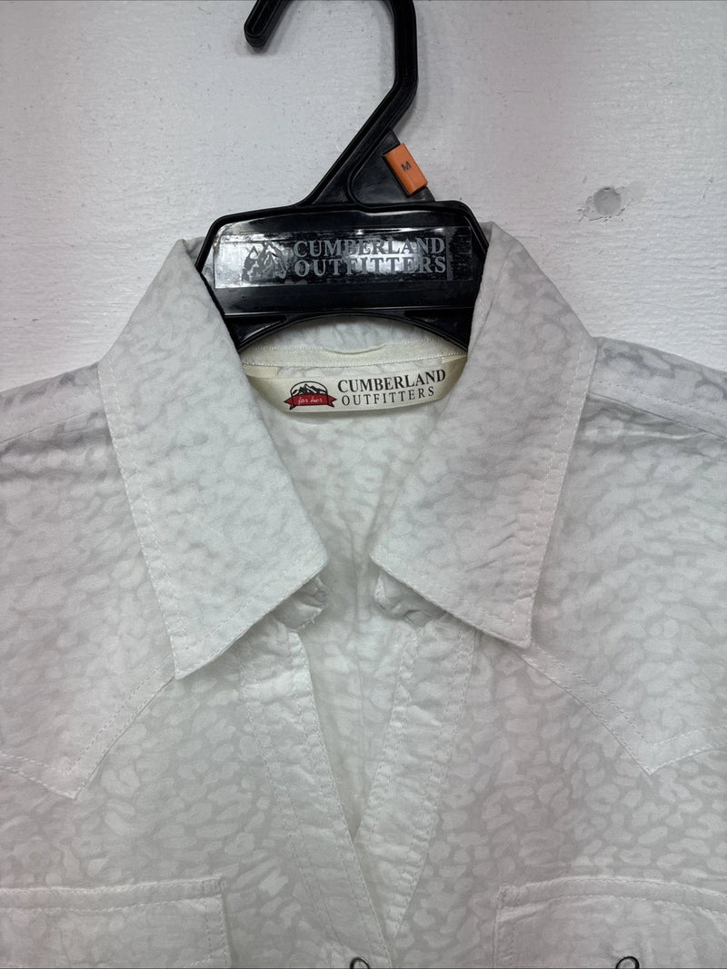 New Women Cumberland White Cheetah Print Long Sleeve Pearl Snap Medium LL-9