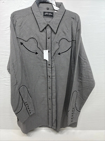 New Men’s White Horse Black White Checker Long Sleeve Pearl Snap 2XL F-102