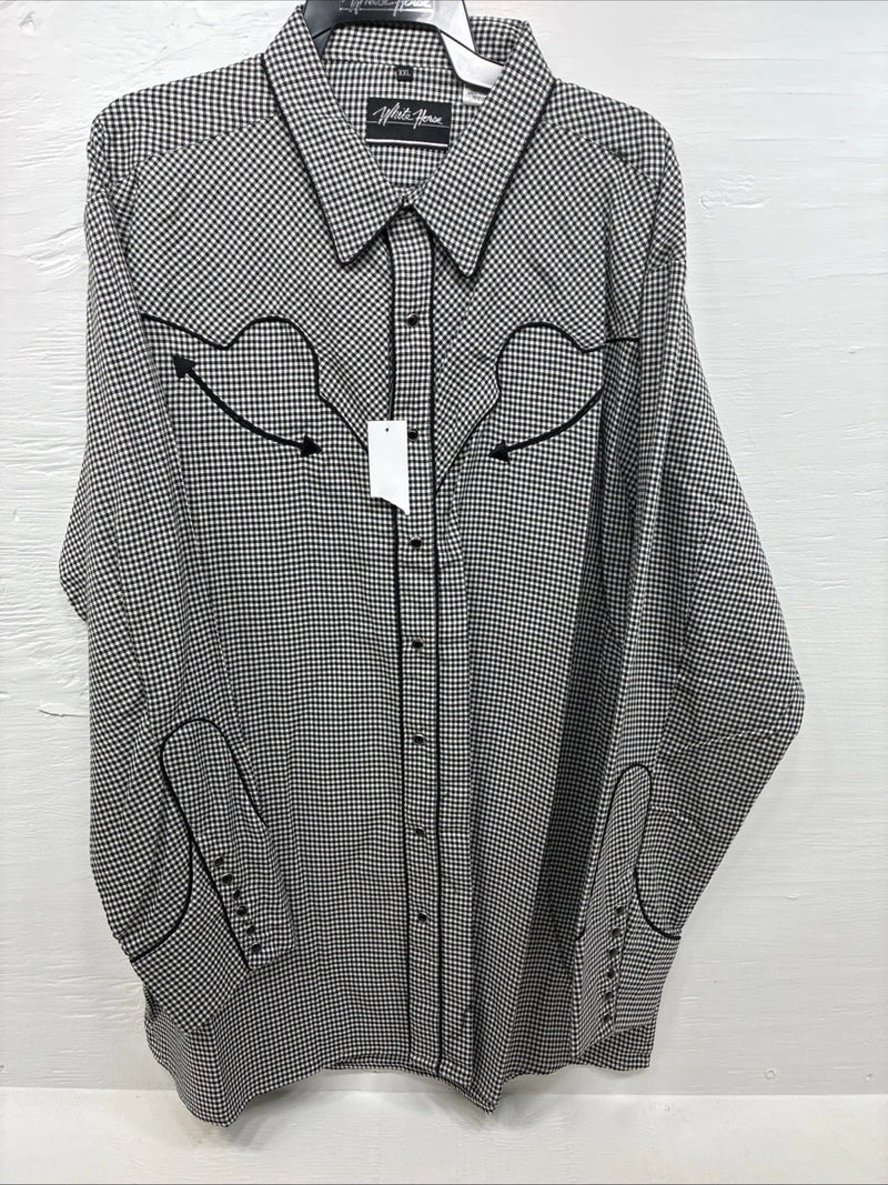 New Men’s White Horse Black White Checker Long Sleeve Pearl Snap 2XL F-102