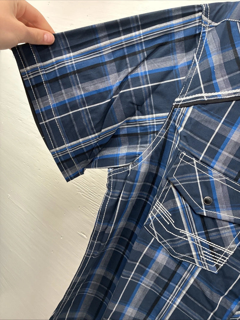 New Men’s ELY 1878 Blue Gray Plaid Short Sleeve Pearl Snap XL O-71