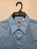 New Men’s ELY Cattleman Blue Short Sleeve Simple Pearl Snap 18 2XL F-81