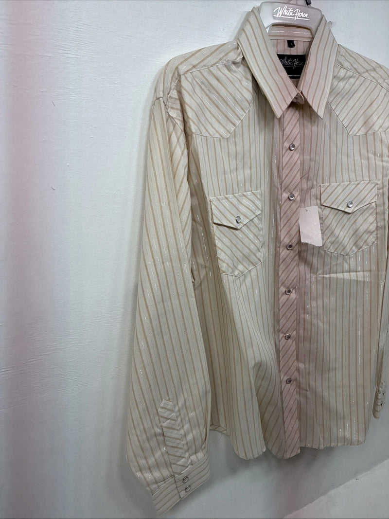 New Women’s White Horse Gold Stripe Long Sleeve Pearl Snap Large II-66