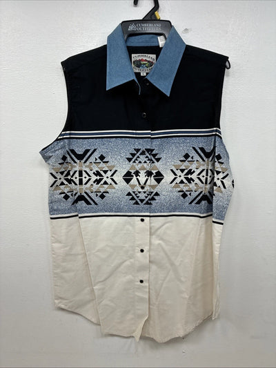 New Women’s Cumberland Blue Design Sleeveless Pearl Snap Large TT-14