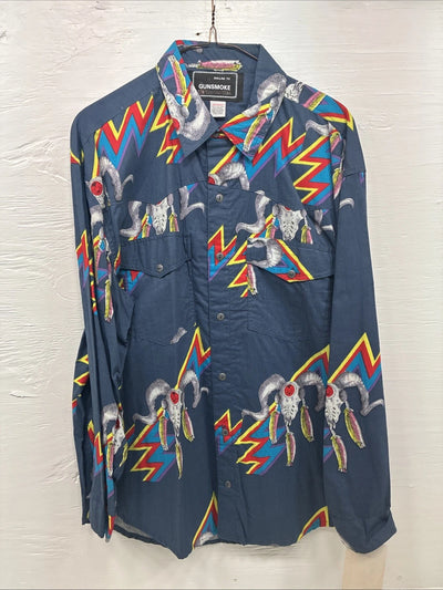 New Men’s GunSmoke Blue Western Design Long Sleeve Button Up Medium V-75
