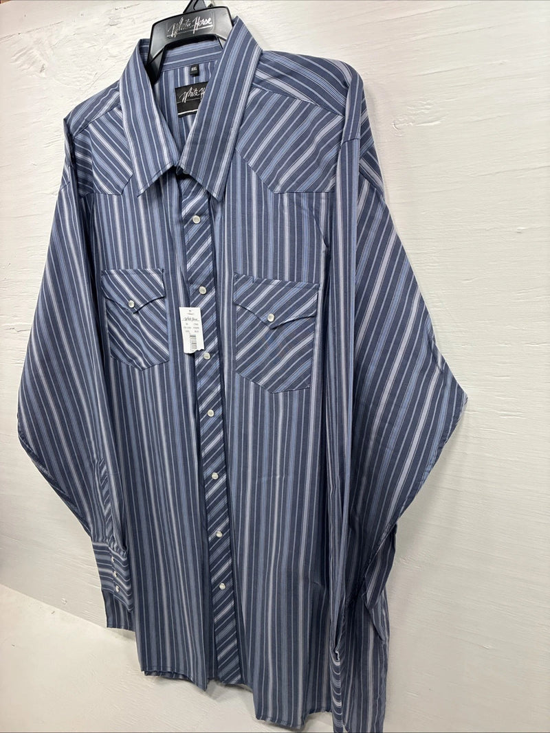 New Men’s White Horse Dark Blue Stripe Long Sleeve Pearl Snap 2XL H-46