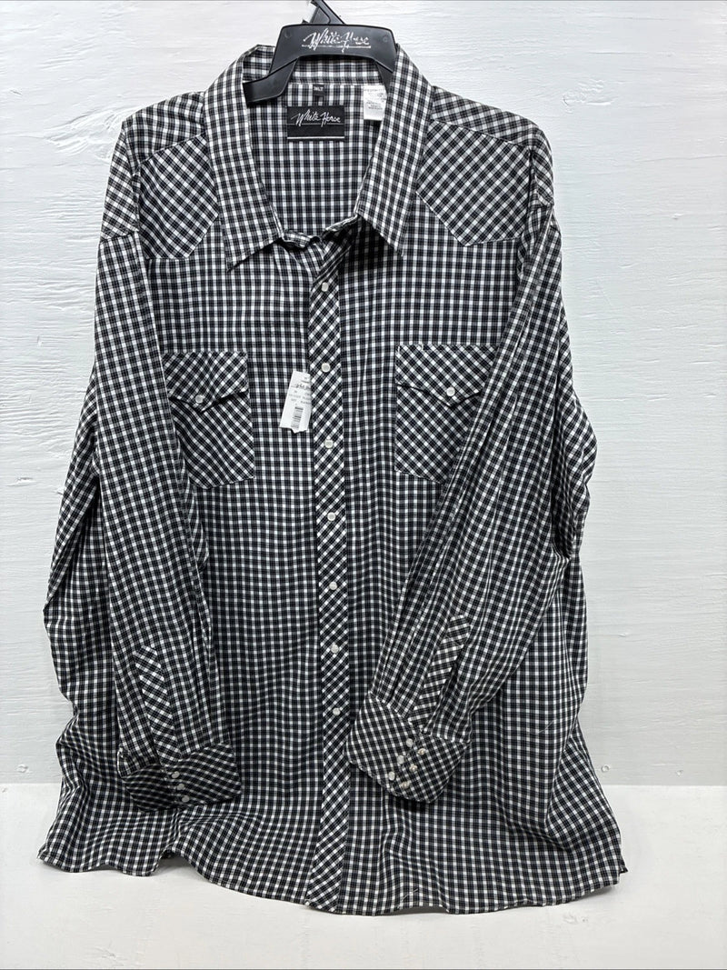 New Men’s White Horse Black White Checkered Long Sleeve Pearl Snap 3XL E-59