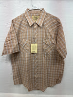 New Men’s ELY Cattleman Tan Plaid Short Sleeve Pearl Snap XL R-62