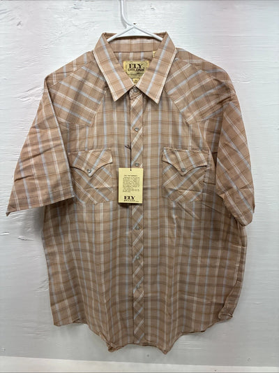 New Men’s ELY Cattleman Tan Plaid Short Sleeve Pearl Snap XL R-62