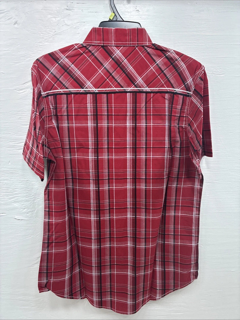 New Men’s ELY 1878 Red Black Plaid Short Sleeve Pearl Snap Large V-112