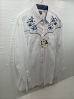 New Men’s ELY Cattleman White Blue Embroidered Long Sleeve Pearl Snap XL H-88