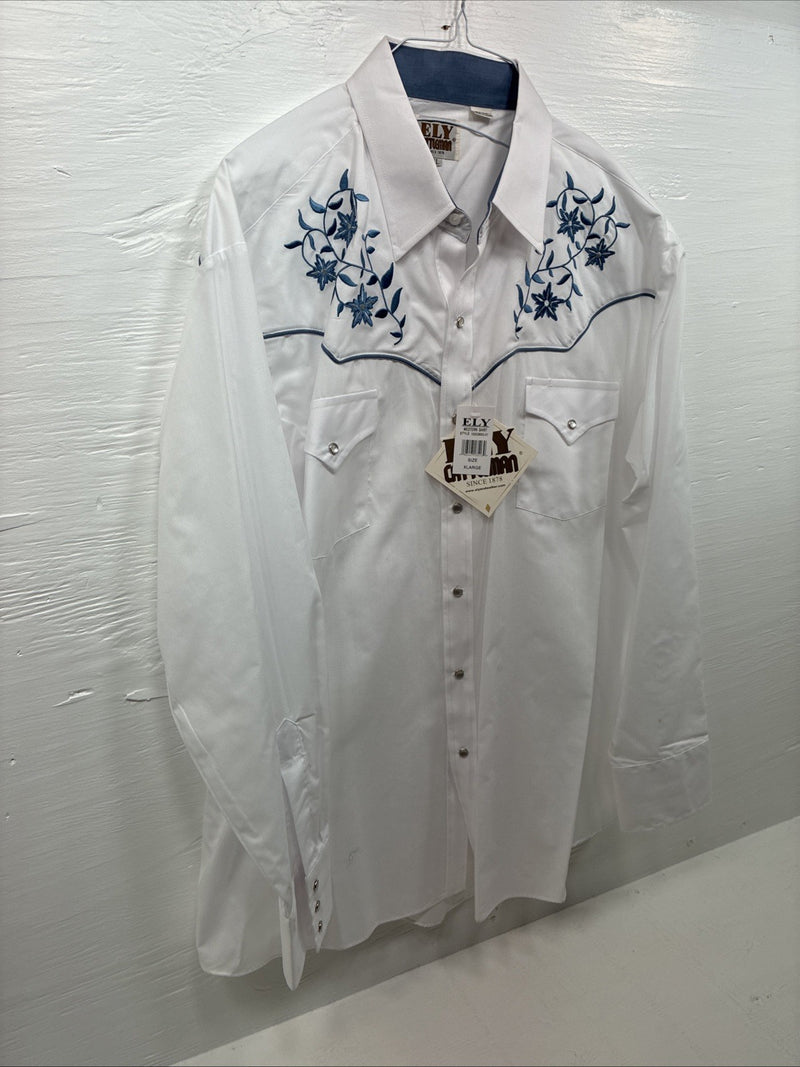 New Men’s ELY Cattleman White Blue Embroidered Long Sleeve Pearl Snap XL H-88