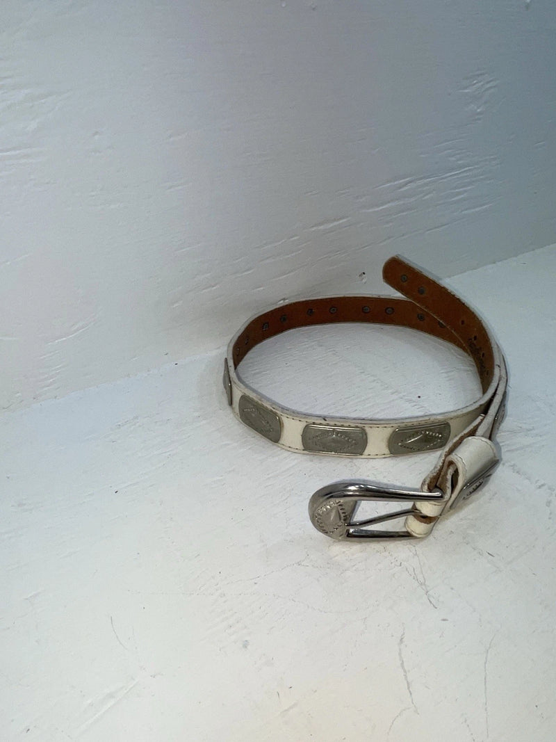 New White Genuine Leather Wrangler Silver Pendent 28” Belt #4641 JJ-38