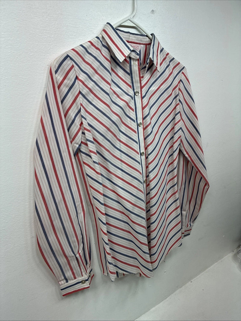 Me Siemens H Bar C Red Blue Stripe Long Sleeve Pearl Snap Size 34 LL-46